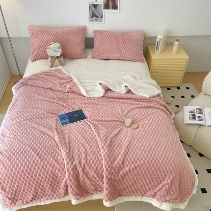 沐慕 2023新款纯色简约龟背绒拼羊羔绒毛毯 樱花粉