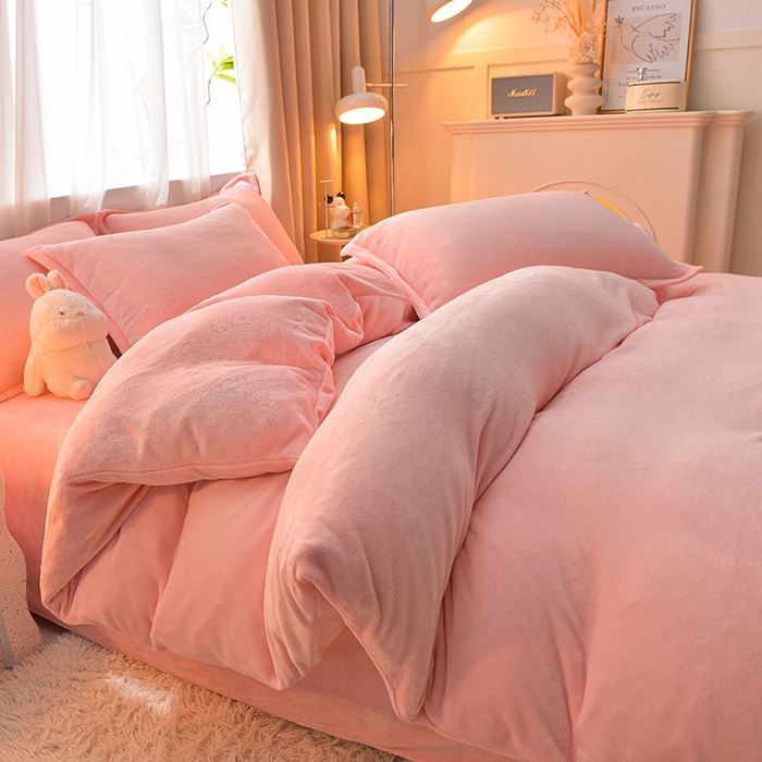 91家纺网 家纺一手货源 找家纺 简爱2025新款纯色双拼牛奶绒四件套被套（跑量款）直播 樱花粉