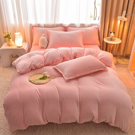 91家纺网 家纺一手货源 找家纺 简爱2025新款纯色双拼牛奶绒四件套被套（跑量款）直播 樱花粉