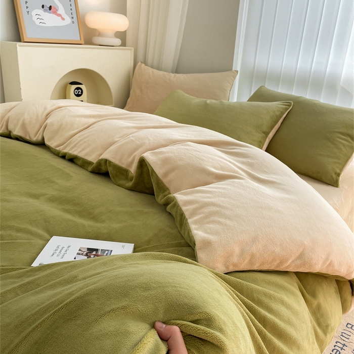 91家纺网 家纺一手货源 找家纺 古吉梦 2023新款牛奶绒纯色双拼（跑量款）四件套 苹果绿+香槟