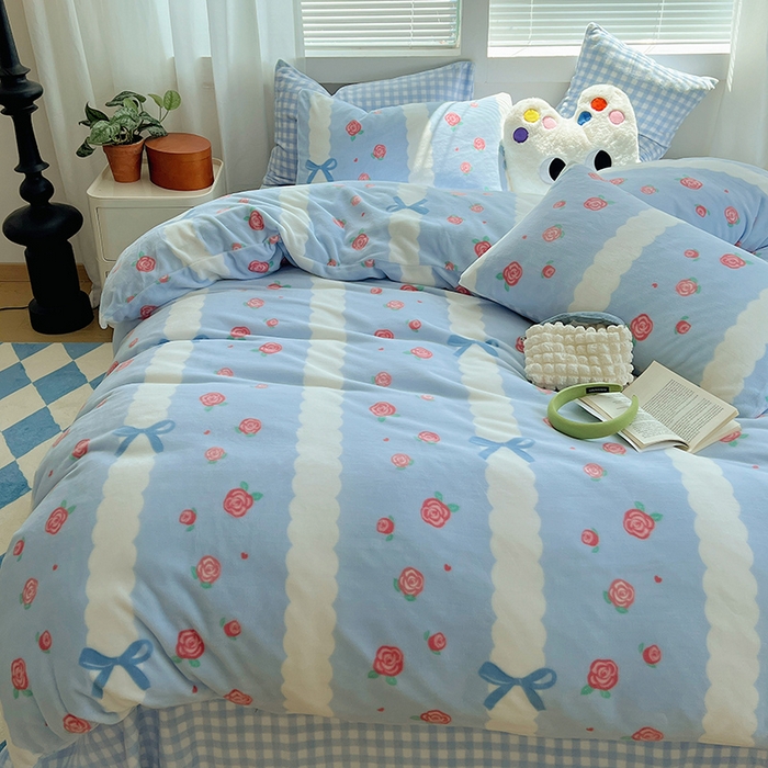 91家纺网 家纺一手货源 找家纺 三朵家纺 2023年牛奶绒小清新系列四件套 玫瑰花园