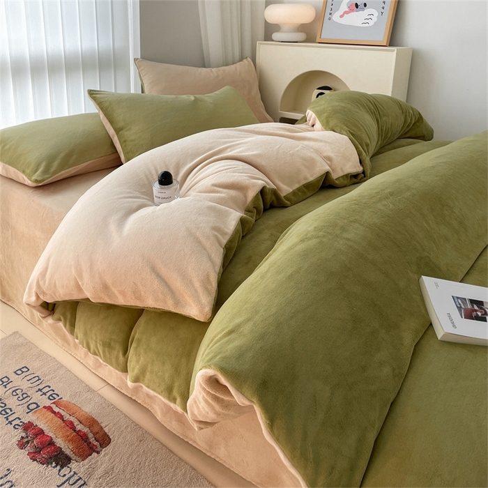 91家纺网 家纺一手货源 找家纺 古吉梦 2023新款牛奶绒纯色双拼（跑量款）四件套 苹果绿+香槟