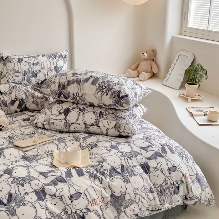 91家纺网 家纺一手货源 找家纺 潘朵拉 2023新款秋冬ins韩系牛奶绒印花四件套 素描熊