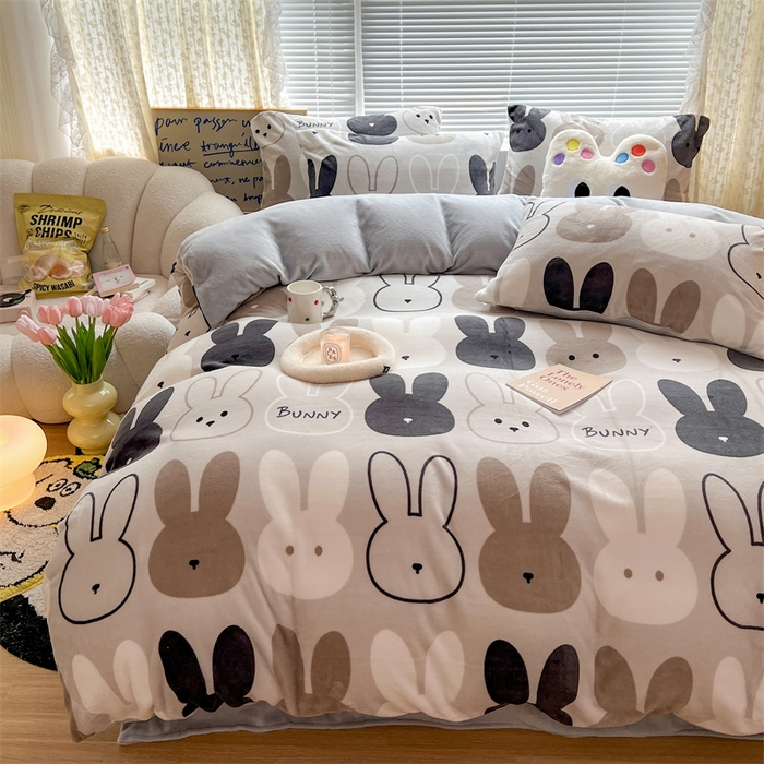 91家纺网 家纺一手货源 找家纺 顾里家纺 2023新款ins少女保暖牛奶绒四件套第二批 简约小兔