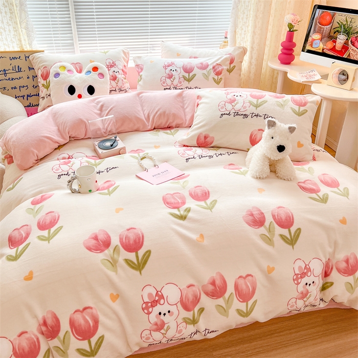 91家纺网 家纺一手货源 找家纺 顾里家纺 2023新款ins少女保暖牛奶绒四件套第二批 粉兔郁金香