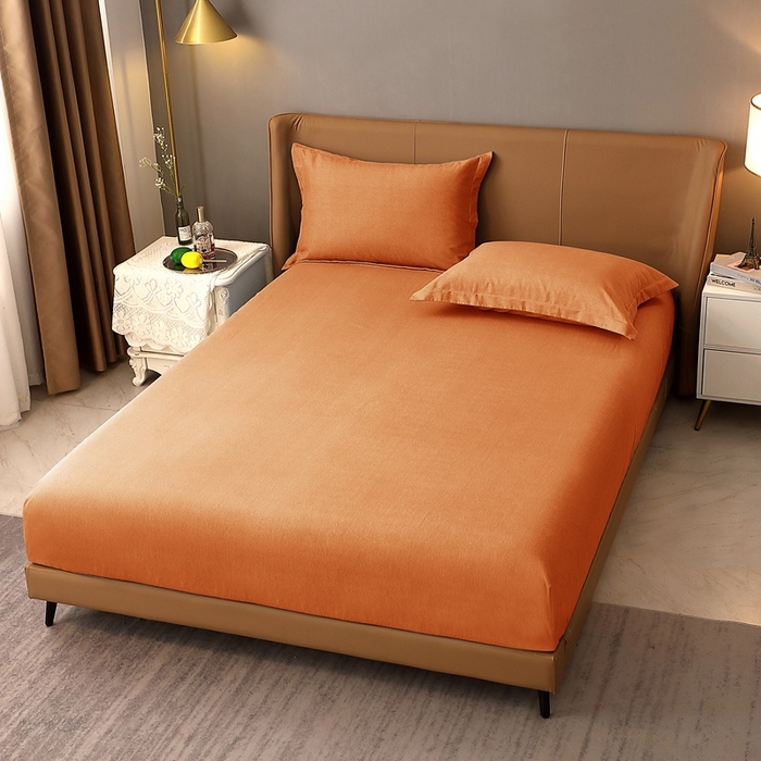 91家纺网 家纺一手货源 找家纺 晶缦家纺 2023加厚全棉纯色生态磨毛多规格单品四件套--床笠 纯依-时尚桔