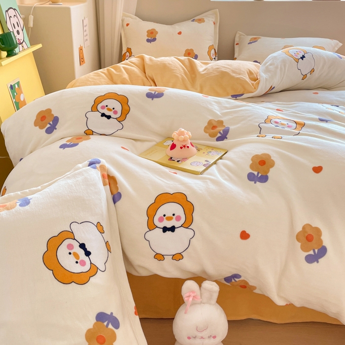 91家纺网 家纺一手货源 找家纺 沐慕 2024新款牛奶绒加厚保暖卡通印花四件套 萌萌鸭