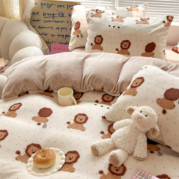 91家纺网 家纺一手货源 找家纺 顾里家纺 2023新款ins少女保暖牛奶绒四件套第二批 波点狮子