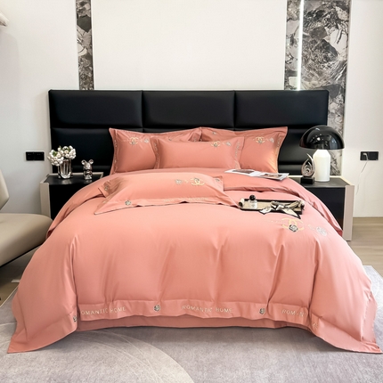 91家纺网 家纺一手货源 找家纺 梧桐家居   2023新款13376全棉轻奢刺绣四件套-罗薇系列 罗薇-豆沙