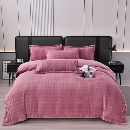 91家纺网 家纺一手货源 找家纺 席之家 2023加厚保暖立体剪花方格兔毛绒四件套-简爱款 小田格-豆沙