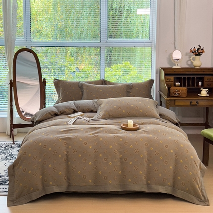 91家纺网 家纺一手货源 找家纺 小欢喜 新款色织全棉双层纱四件套直播爆款 花香蜜蜜-灰