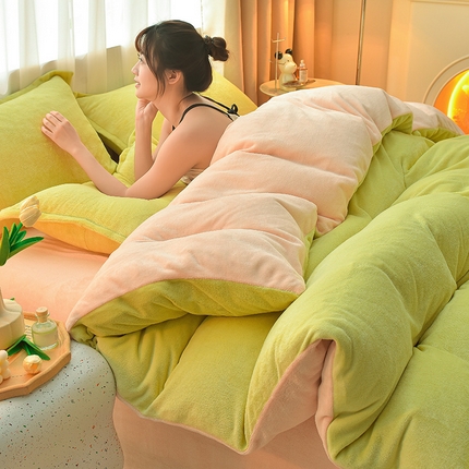 简爱2025新款纯色双拼牛奶绒四件套被套（跑量款）直播 橄榄绿奶油