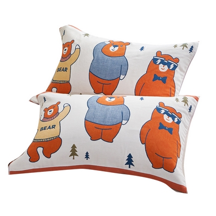 91家纺网 家纺一手货源 找家纺 朴尔家纺-毛巾被 2023年全棉多彩四层纱布枕巾 三只熊-橘