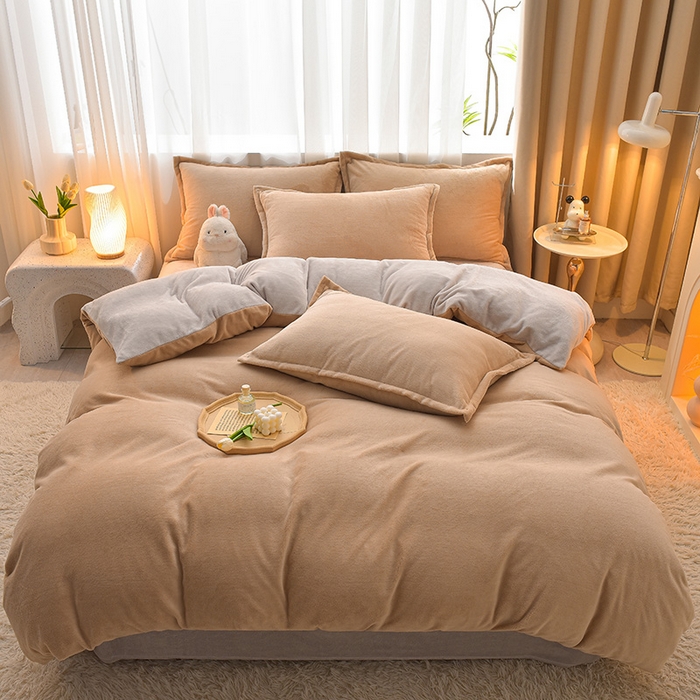 91家纺网 家纺一手货源 找家纺 简爱2025新款纯色双拼牛奶绒四件套被套（跑量款）直播 卡其灰