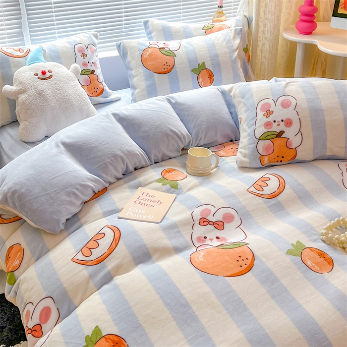 91家纺网 家纺一手货源 找家纺 顾里家纺 2023新款ins少女保暖牛奶绒四件套第二批 桔子小兔