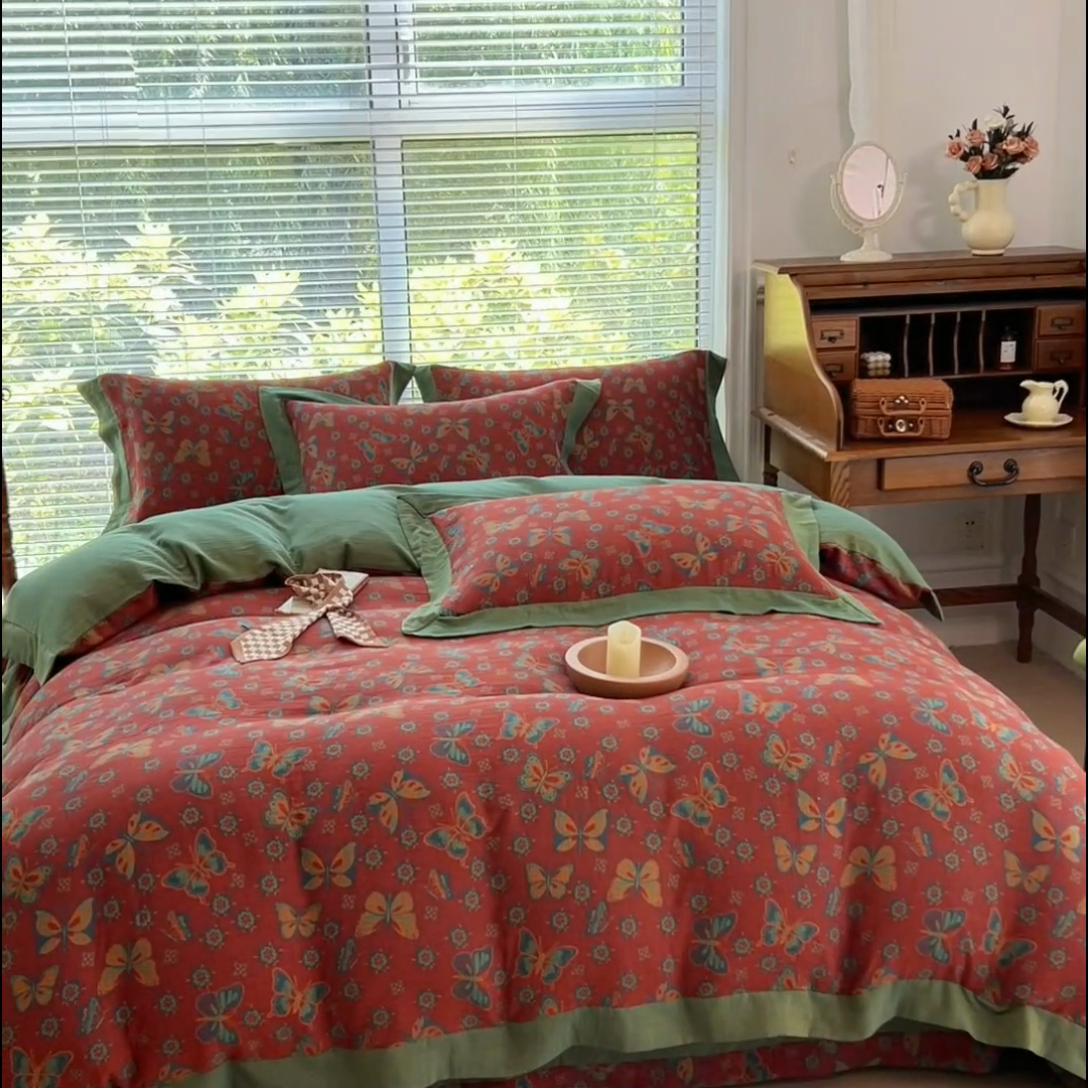 91家纺网 家纺一手货源 找家纺 小欢喜 新款色织全棉双层纱四件套直播爆款 蝶舞-红