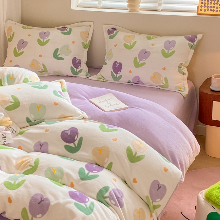 91家纺网 家纺一手货源 找家纺 沐慕 2024新款牛奶绒加厚保暖卡通印花四件套 紫郁金香