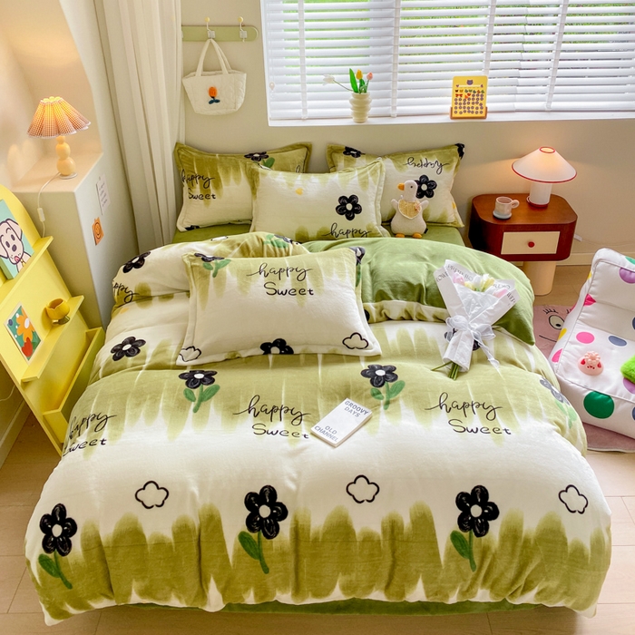 91家纺网 家纺一手货源 找家纺 沐慕 2024新款牛奶绒加厚保暖卡通印花四件套 花韵