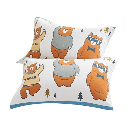 91家纺网 家纺一手货源 找家纺 朴尔家纺-毛巾被 2023年全棉多彩四层纱布枕巾 三只熊-蓝