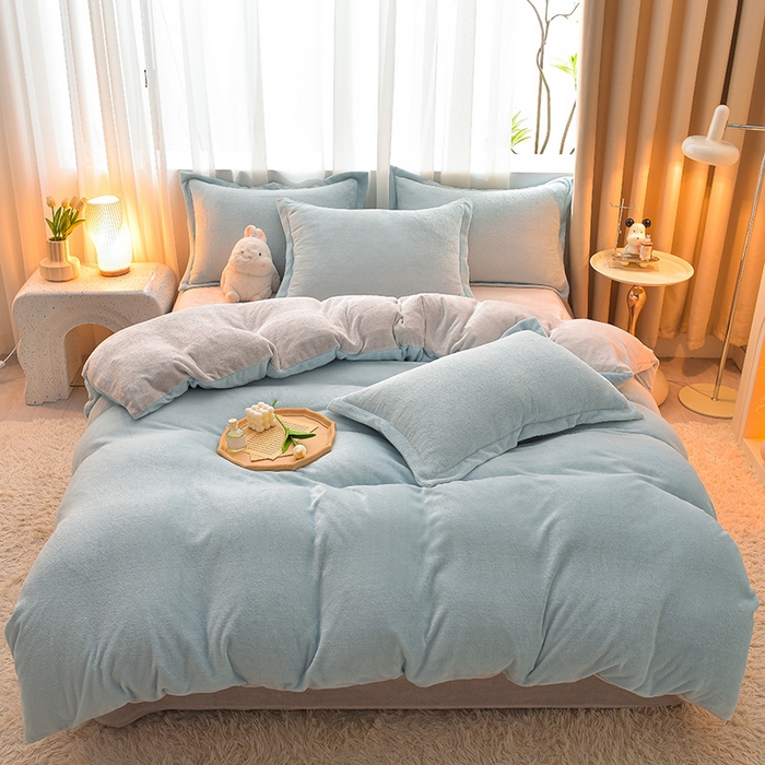 91家纺网 家纺一手货源 找家纺 简爱2025新款纯色双拼牛奶绒四件套被套（跑量款）直播 天蓝灰