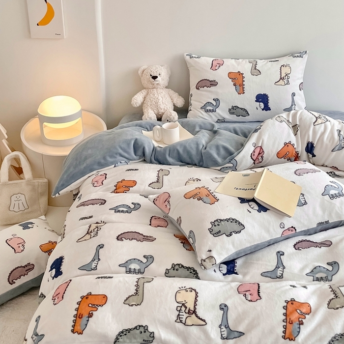 91家纺网 家纺一手货源 找家纺 潘朵拉 2023新款秋冬ins韩系牛奶绒印花四件套 侏罗纪