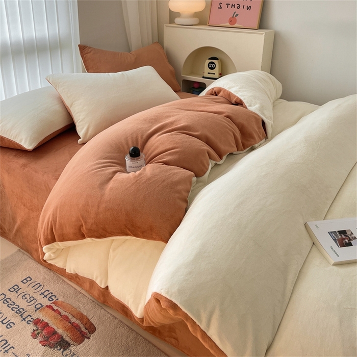 91家纺网 家纺一手货源 找家纺 古吉梦 2023新款牛奶绒纯色双拼（跑量款）四件套 奶芋色+亚麻驼