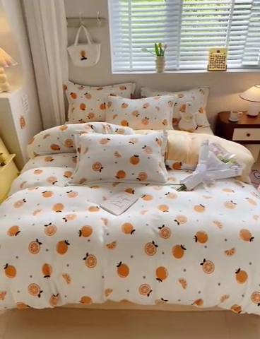 91家纺网 家纺一手货源 找家纺 沐慕 2024新款牛奶绒加厚保暖卡通印花四件套 小橙子