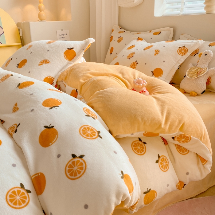 91家纺网 家纺一手货源 找家纺 沐慕 2024新款牛奶绒加厚保暖卡通印花四件套 小橙子