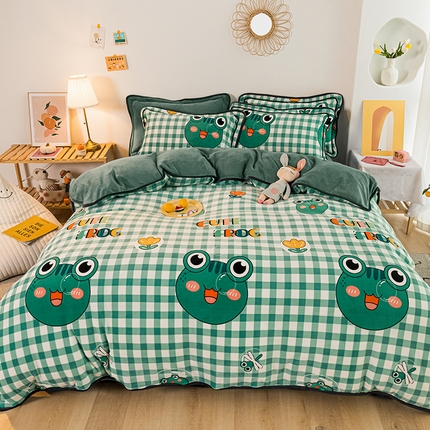 91家纺网 家纺一手货源 找家纺 琪格格 2023年新款工艺款小包边双面牛奶绒四件套系列 牛奶绒泡泡蛙