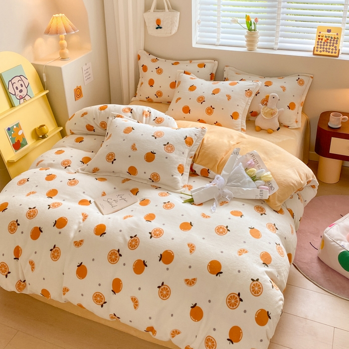 91家纺网 家纺一手货源 找家纺 沐慕 2024新款牛奶绒加厚保暖卡通印花四件套 小橙子