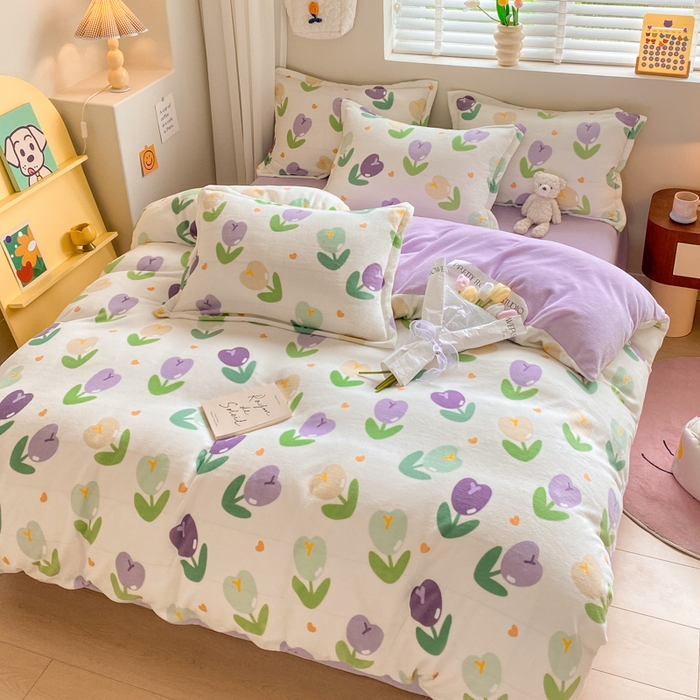 91家纺网 家纺一手货源 找家纺 沐慕 2024新款牛奶绒加厚保暖卡通印花四件套 紫郁金香