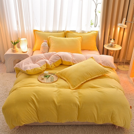 91家纺网 家纺一手货源 找家纺 简爱2025新款纯色双拼牛奶绒四件套被套（跑量款）直播 柠檬黄奶油