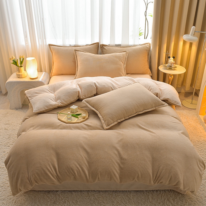 91家纺网 家纺一手货源 找家纺 简爱2025新款纯色双拼牛奶绒四件套被套（跑量款）直播 卡其奶油