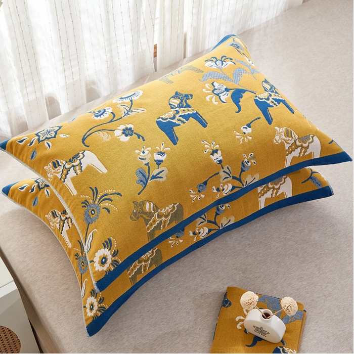 91家纺网 家纺一手货源 找家纺 朴尔家纺-毛巾被 2023年全棉多彩四层纱布枕巾 花园马-黄