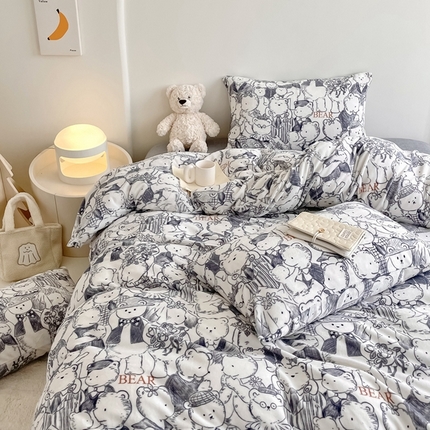 潘朵拉 2023新款秋冬ins韩系牛奶绒印花四件套 素描熊