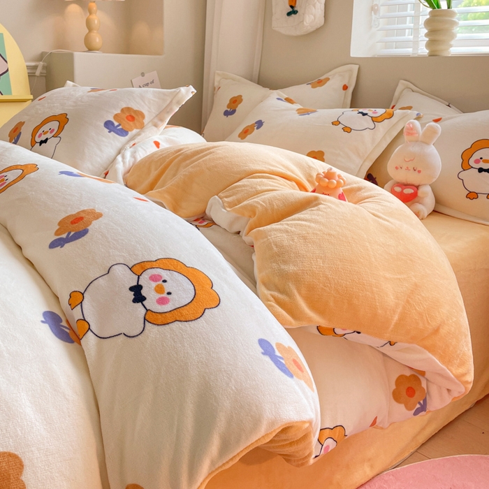 91家纺网 家纺一手货源 找家纺 沐慕 2024新款牛奶绒加厚保暖卡通印花四件套 萌萌鸭