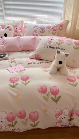 91家纺网 家纺一手货源 找家纺 顾里家纺 2023新款ins少女保暖牛奶绒四件套第二批 粉兔郁金香