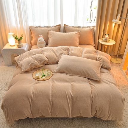 91家纺网 家纺一手货源 找家纺 简爱2025新款纯色双拼牛奶绒四件套被套（跑量款）直播 卡其
