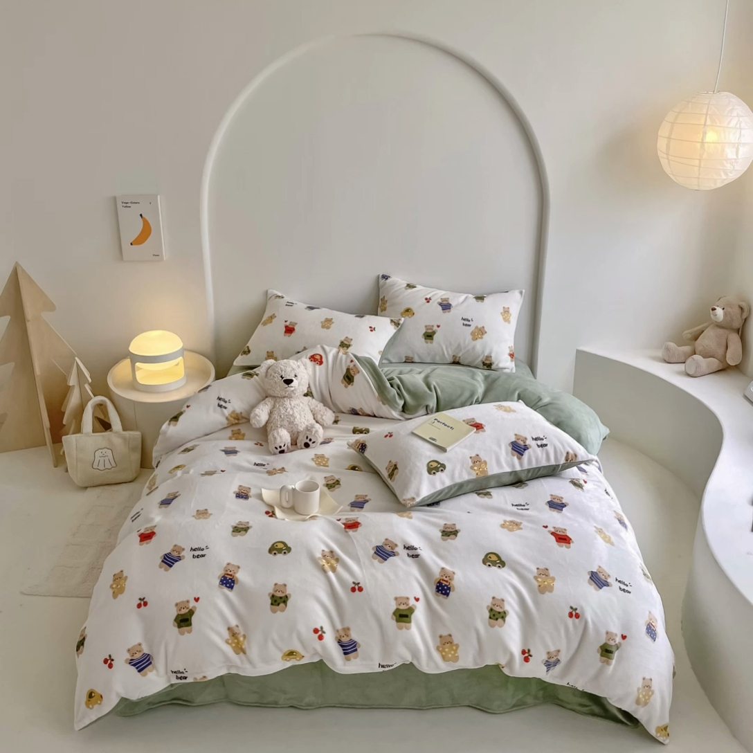 91家纺网 家纺一手货源 找家纺 潘朵拉 2023新款秋冬ins韩系牛奶绒印花四件套 哈喽熊