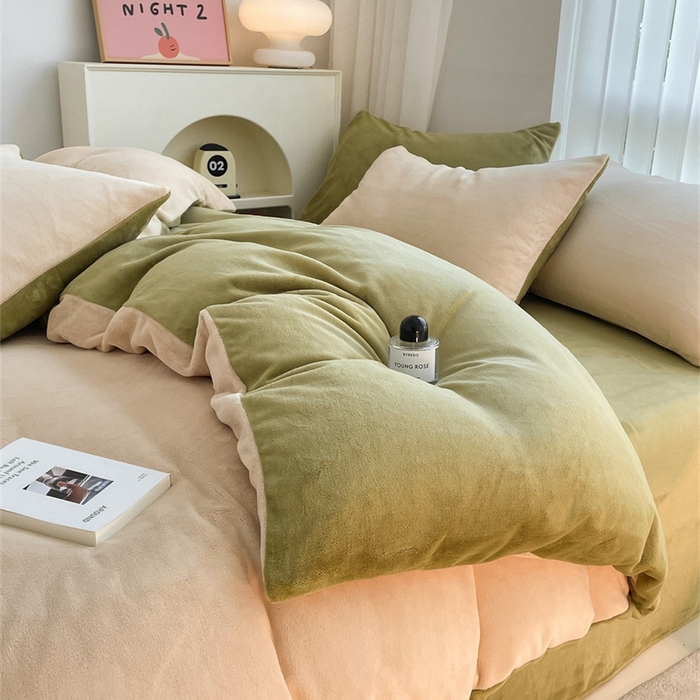 91家纺网 家纺一手货源 找家纺 古吉梦 2023新款牛奶绒纯色双拼（跑量款）四件套 香槟+苹果绿