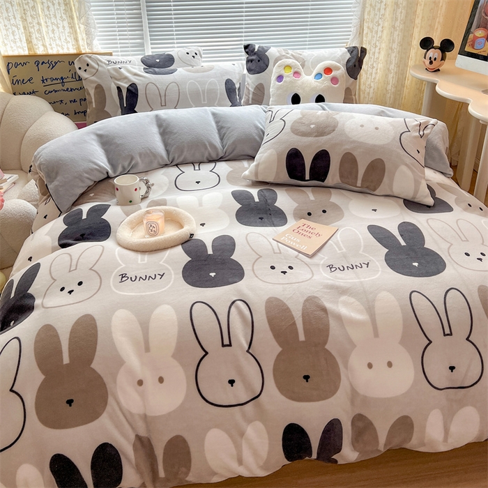 91家纺网 家纺一手货源 找家纺 顾里家纺 2023新款ins少女保暖牛奶绒四件套第二批 简约小兔