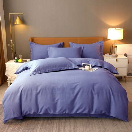 晶缦家纺 2023加厚全棉纯色生态磨毛多规格四件套 纯依-牛仔蓝