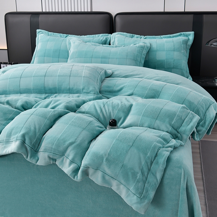 91家纺网 家纺一手货源 找家纺 席之家 2023加厚保暖立体剪花方格雪兔毛四件套-简爱款 方格-水兰