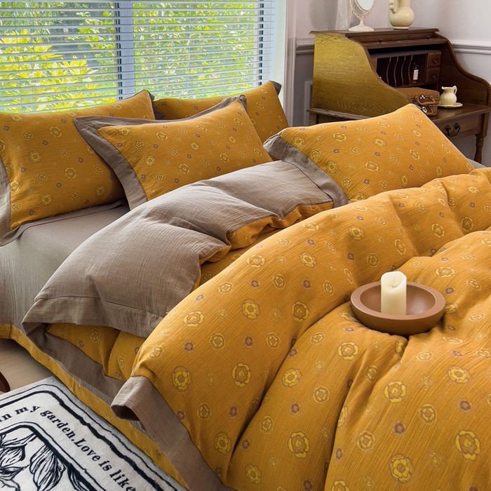 91家纺网 家纺一手货源 找家纺 小欢喜 新款色织全棉双层纱四件套直播爆款 花香蜜蜜-黄