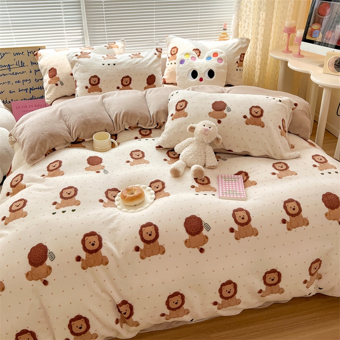 91家纺网 家纺一手货源 找家纺 顾里家纺 2023新款ins少女保暖牛奶绒四件套第二批 波点狮子