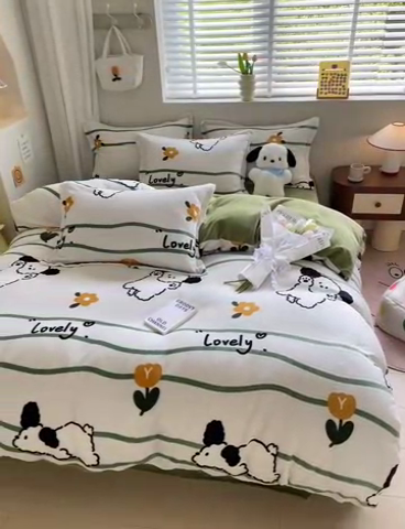 91家纺网 家纺一手货源 找家纺 沐慕 2024新款牛奶绒加厚保暖卡通印花四件套 皮皮狗