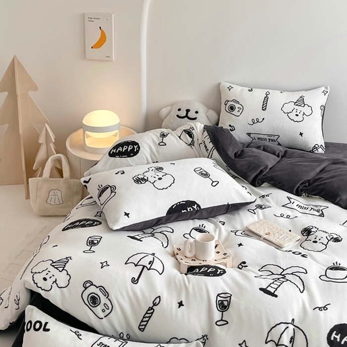 91家纺网 家纺一手货源 找家纺 潘朵拉 2023新款秋冬ins韩系牛奶绒印花四件套 百变狗