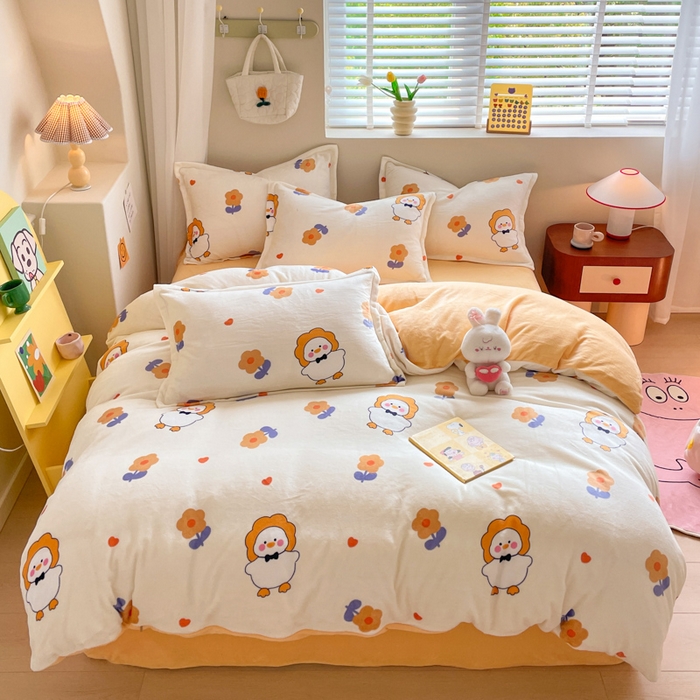 91家纺网 家纺一手货源 找家纺 沐慕 2024新款牛奶绒加厚保暖卡通印花四件套 萌萌鸭