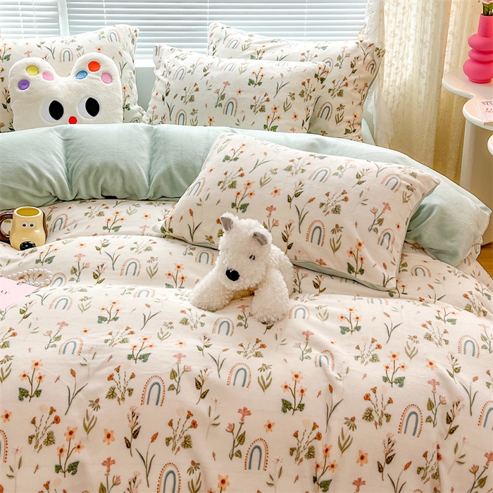 91家纺网 家纺一手货源 找家纺 顾里家纺 2023新款ins少女保暖牛奶绒四件套第二批 植物园林