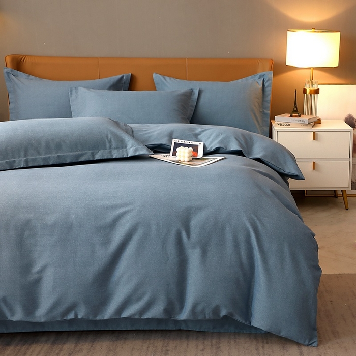 91家纺网 家纺一手货源 找家纺 晶缦家纺 2023加厚全棉纯色生态磨毛多规格四件套 纯依-蓝灰